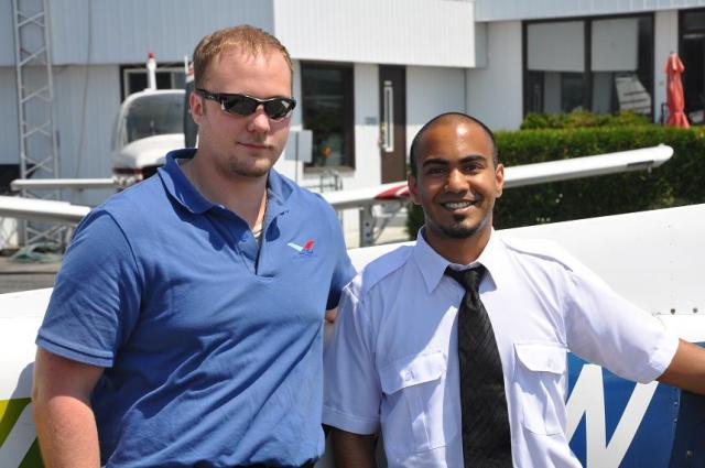 Sarang Radhakrishnan with Instructor Tyler Robinson after Sarang's first solo flight.