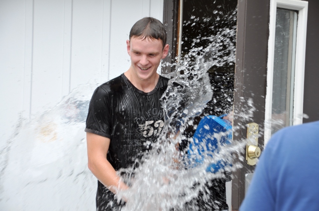 Celebrate: A well deserved soaking following the first solo.