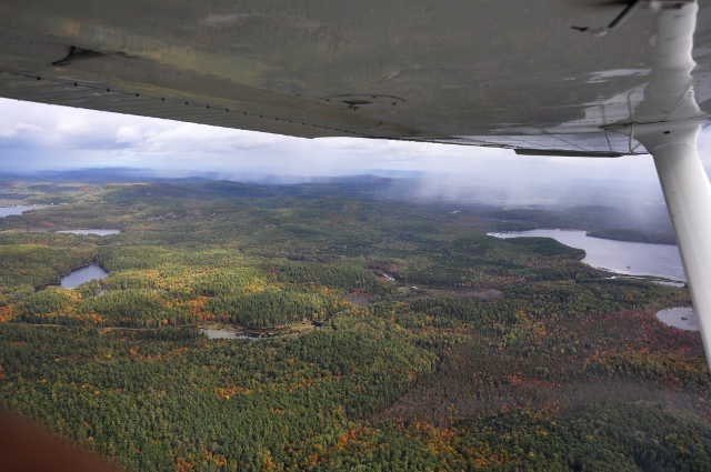 Under My Wing: Another in the long list of strut studies.  The forests in Gatineau Park are just starting to change colour as we return to Constance Lake.  Low clouds and virga are visible to the east.