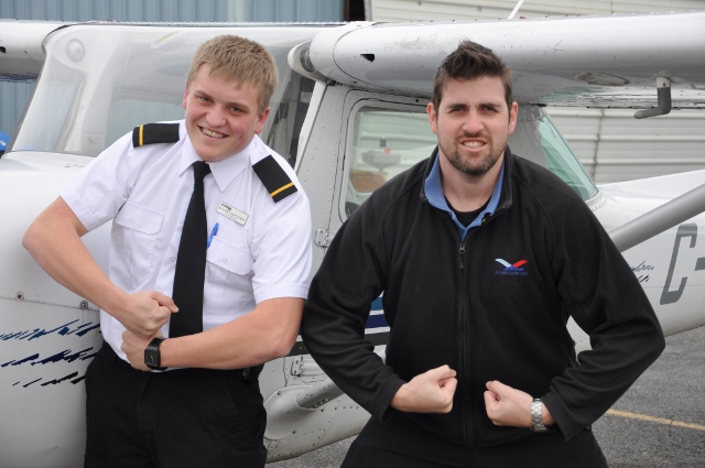 Heros: Max and instructor Morgan Ross celebrating Max's first solo.  Morgan is an experienced instructor and has the style which Max is trying to emulate.  It is difficult to copy Morgan and one wonders why people try.